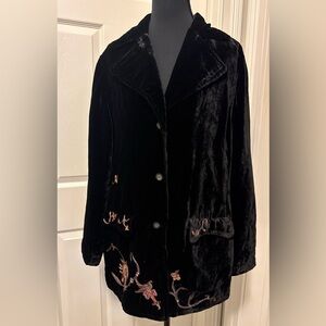 J JILL Women’s Black Embroidered Velvet Jacket Blazer Pockets BOHO